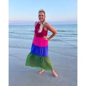 Chico's 1P Maxi Dress Color Block Ruffle Halter‎ Sleeveless Party Dress Petite M